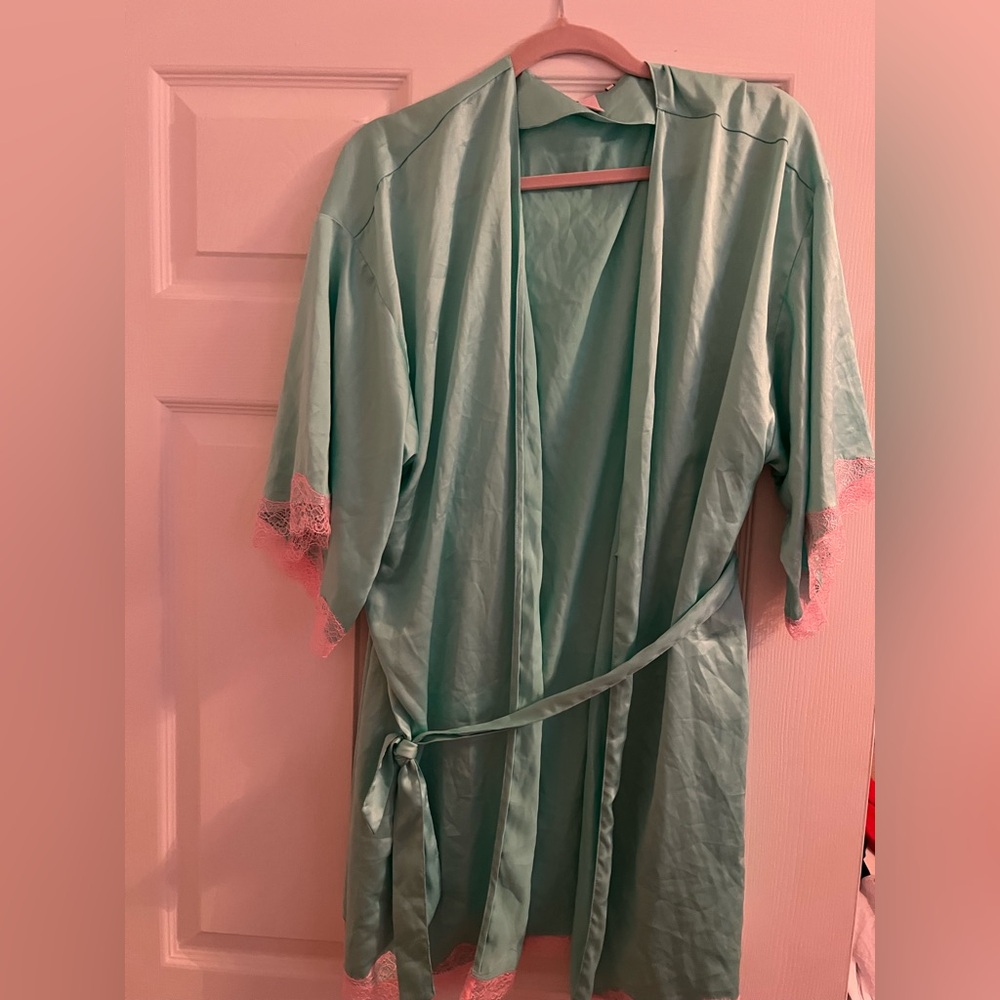 Victoria's Secret Mint Green Robe with Pink Lace Trim